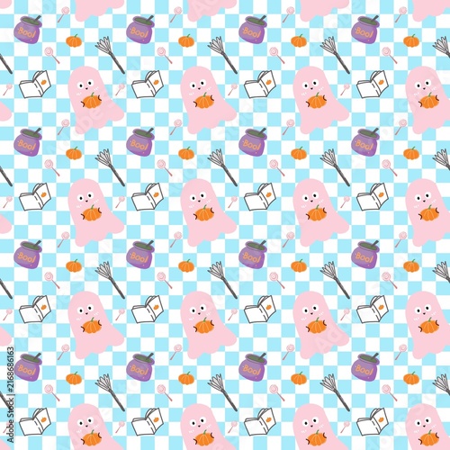 Halloween Seamless Pattern with Cute Pink Ghosts, Pumpkins, Witch Cauldrons, Candy and Magic Books on Blue Checkerboard Background