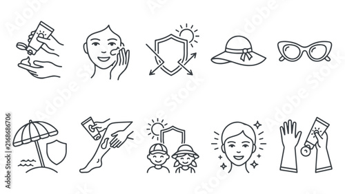 Minimalist vector line icon set illustrating sun protection and skincare routines including sunscreen application, UV shield defense, sunglasses, and kids sun safety.