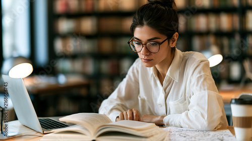 Teacher preparing for the new school year at a library desk, checking students' assignments beside a laptop and books at quiet academic setting in the background.