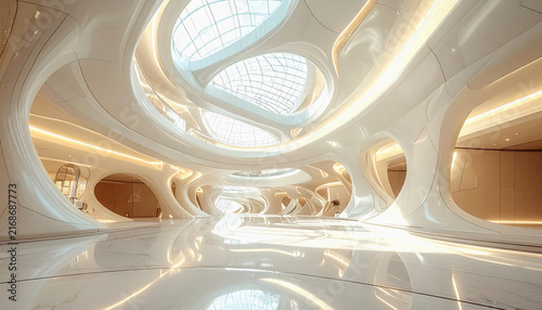 Futuristic white interior lobby with organic curves and natural light
