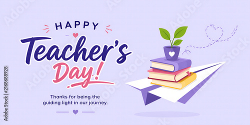 Happy teacher day greeting card featuring colorful books stacked on paper airplane with potted plant on soft purple background design