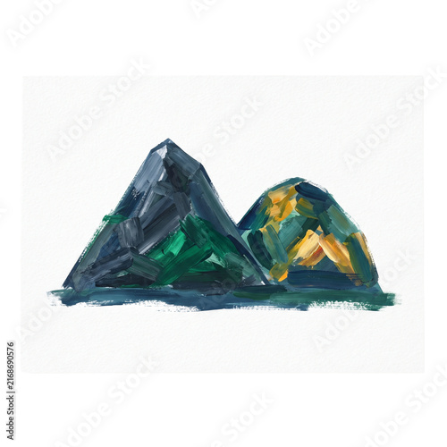 Abstract oil painting of two stylized mountains with expressive brushstrokes on a clean white background