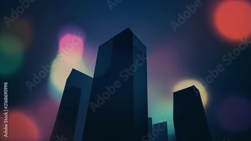 Abstract dark skyscrapers with colorful blurred light reflections at night