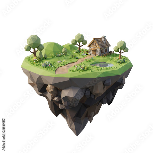 Small low poly floating island with a cozy cottage trees and a path isolated on black background