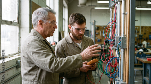 Senior electrician mentoring a young apprentice at a wiring training panel in a technical college workshop