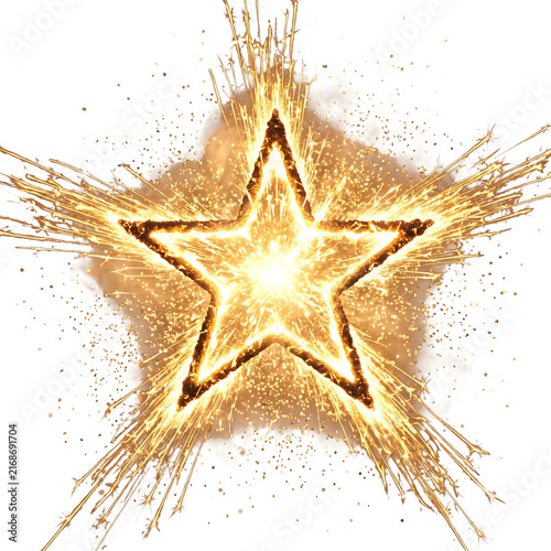 Glowing gold star shape made of bright firework sparks isolated on white background
