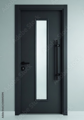 A sleek and contemporary dark grey fiberglass front entry door featuring a vertical glass insert and elegant matte black hardware accents, solid, glass, contemporary