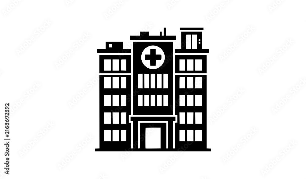 Fototapeta premium Minimalist hospital medical center black silhouette vector icon for healthcare and clinic branding