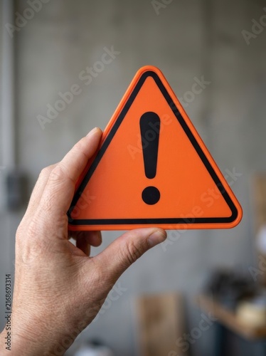 A close-up of a person holding an orange warning sign with a black exclamation mark against a blurred interior wall