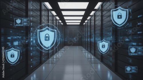 A futuristic server room corridor featuring glowing digital security shield graphics, ideal for cybersecurity and data storage concepts