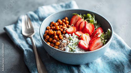 Flat lay of a blue ceramic bowl filled with chickpeas, strawberries, seeds, and nutritious ingredients, promoting balanced nutrition, longevity, diet planning, wellness, and healthy everyday eating.