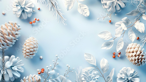 Winter arrangement with snow-covered pine cones and evergreen branches placed on a light blue surface with spacious copy space. Holiday cards, Christmas or New Year flatlay