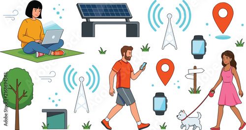 Smart City and Eco Technology Vector Illustration Set with People Using Gadgets, Solar Bench, 5G Antenna Towers, and GPS Navigation Map Pins