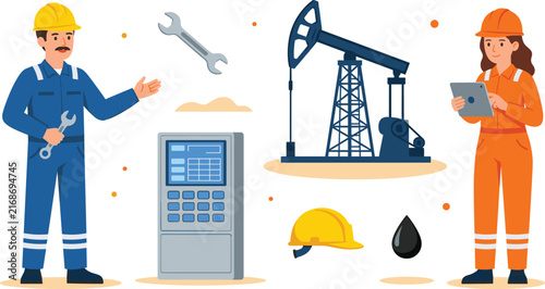 Industrial Oil and Gas Industry Vector Set with Petroleum Engineer, Field Technician, Pumpjack Rig, Control Panel, and Hard Hat for Energy Business Graphics
