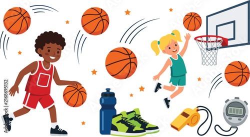 Cartoon Kids Basketball Sport Vector Element Set with Boy Dribbling, Girl Shooting Hoop, Sneaker, Whistle, and Stopwatch for Children Training Graphics