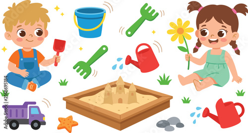 Cartoon Kids Playing in Sandbox Vector Element Set with Cute Boy, Girl, Sandcastle, Bucket, Shovel, and Watering Can for Childhood Activity Illustrations