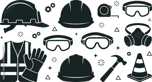 Construction Site Safety Equipment Silhouette Vector Icon Set with Hard Hats, Safety Goggles, Vest, Respirator Mask, and Gloves for Industrial Warning Signs