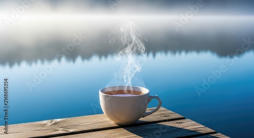 A steaming ceramic cup of herbal tea sits on a rustic wooden pier overlooking a serene blue lake during a misty morning with soft light, drinkware, wooden, quiet