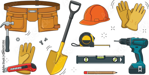 Construction Working Tools and Equipment Vector Icon Set with Tool Belt, Hard Hat, Drill, Shovel, and Safety Gloves for Hardware Store Designs