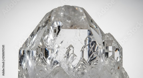 A stunning macro close-up of a natural clear quartz crystal showing intricate internal fractures, sharp edges, and light reflecting surfaces, luminous, angular, prism