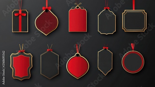 Black friday vector labels and stickers set with red and gold outlines on dark background for shopping discounts