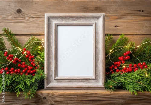 A vertical wooden picture frame sits on a rustic mantel surrounded by evergreen branches, red berries, and warm glowing holiday lights, red, celebrate, cones