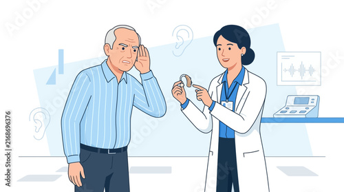 Audiologist showing hearing aid to elderly man with hearing loss
