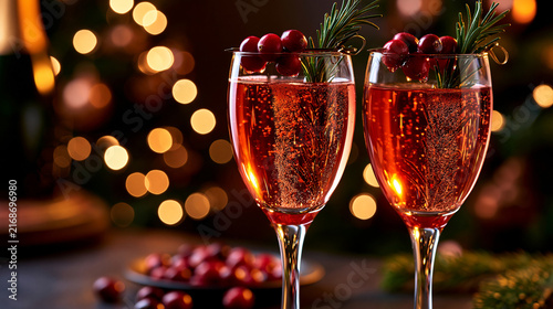 Gros plan de deux flûtes en cristal de champagne ou crémant pétillant aux canneberges et romarin, sur fond flou de guirlandes de Noël chaleureuses