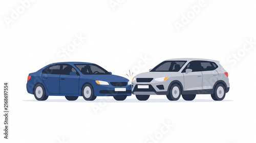 Head on car collision concept featuring two vehicles crashing with damaged front bumpers on white background