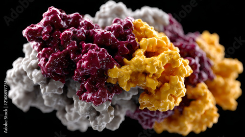 Magnificent biological molecule structure, magnified and colorful, reveals intricate microscopic detail. Isolated against stark black background, complex protein structure showcases scientific