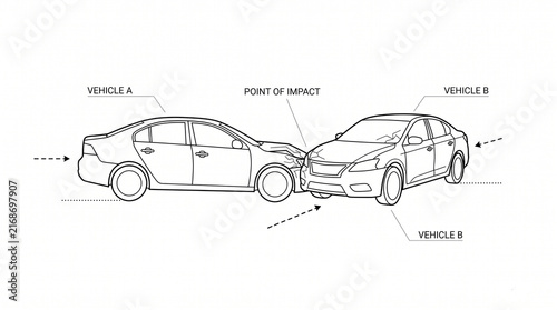 Traffic accident analysis concept featuring two vehicles collision diagram with point of impact annotations