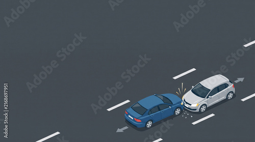 Traffic collision concept featuring isometric view of two cars crashing on highway with directional arrows