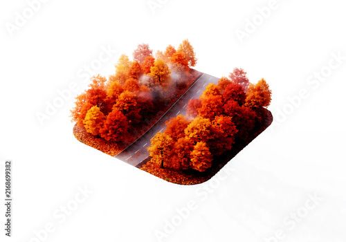 Miniature isometric autumn forest landscape with winding road isolated on white background