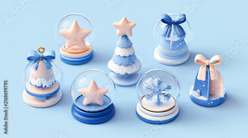 Collection of Christms blue and white glass-inspired holiday ornaments featuring trees, stars, gifts, and decorative figures isolated on a light blue backdrop.