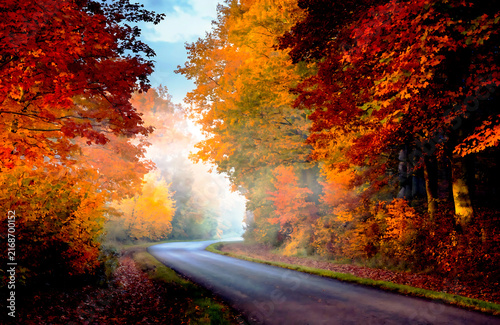 Scenic asphalt road winding through a vibrant autumn forest with golden sunlight and fog background