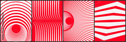 Red and white geometric poster set, abstract optical illusion line art, 4 minimalist vector backgrounds with hypnotic stripes and curves