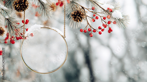 Round evergreen wreath frame decorated with berries and pinecones against a snowy woodland scene. Vjckup with copy space for Christmas greetings, New Years sales promo