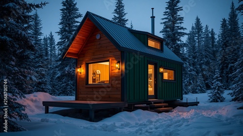Cozy Tiny Cabin in Snow Covered Pine Forest