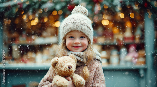 Smiling little girl wearing warm winter clothing while holding a teddy bear in a city filled with glowing holiday lights. Heartwarming family scene for parenting, childhood, gifting