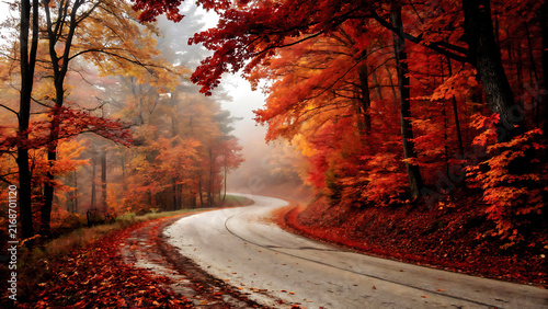 Winding road through vibrant autumn forest with morning haze background