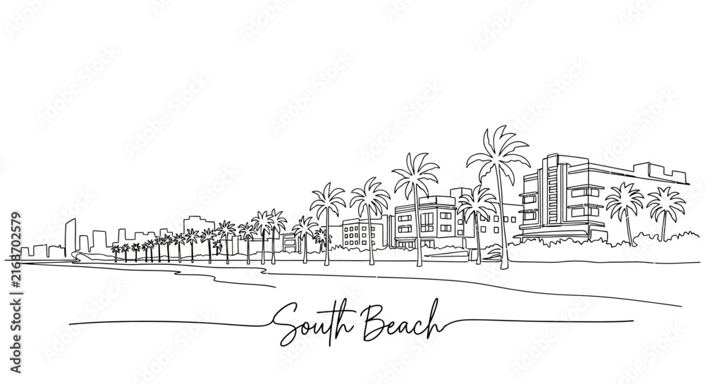 Fototapeta premium South Beach skyline outline, palm trees and ocean line art, Miami coastal cityscape