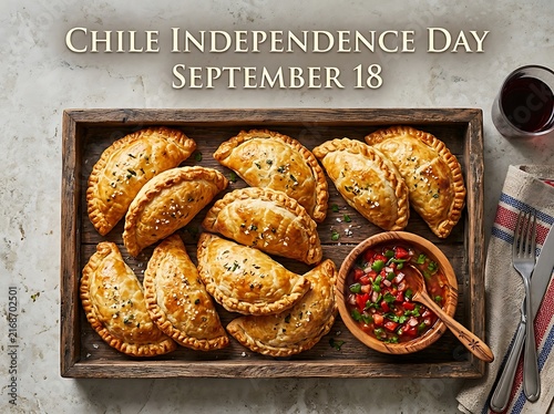 Chilean empanadas served on a wooden tray with pebre sauce and red wine for independence day celebration on september 18th
