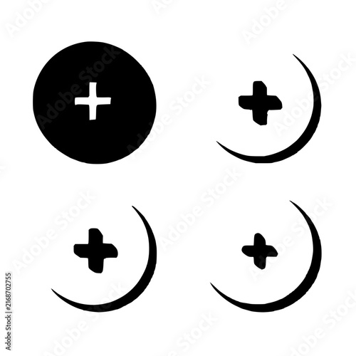 Plus sign icons set with solid, outlined, black, and white circles featuring addition, symbol, vector, minimalist, monochrome