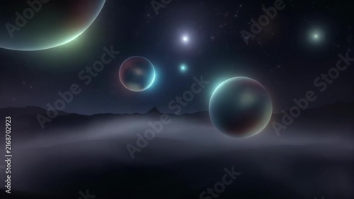 Two glowing spheres floating in a dark, misty environment with a distant light