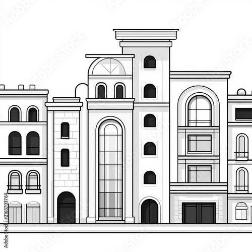Detailed line art of modern and classical urban architecture facade building