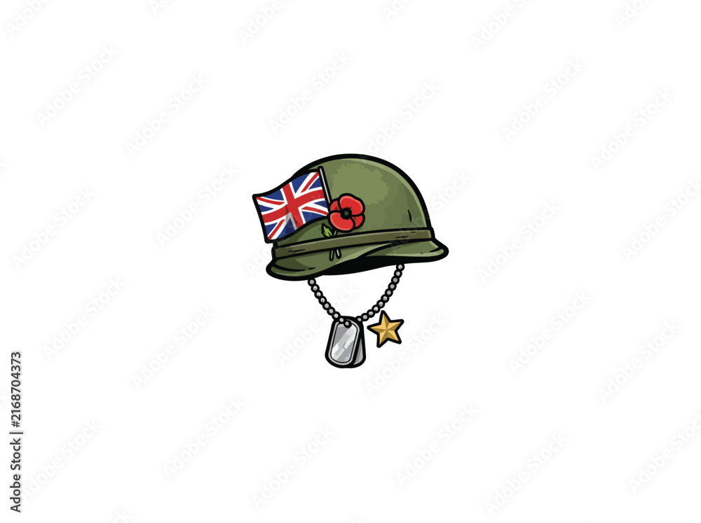 Fototapeta premium Green Military Helmet With Red Poppy British Flag Dog Tag And Gold Star Vector Illustration