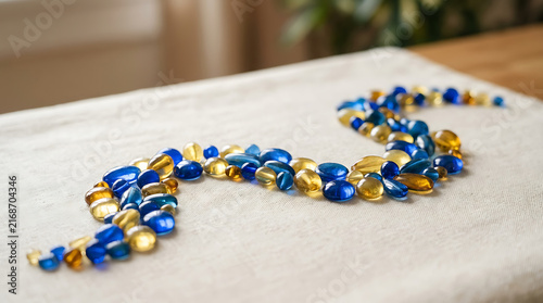 A winding path of shiny blue and gold glass beads arranged in a decorative pattern on a neutral textured surface.