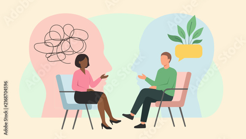Illustration depicts a therapy session with tangled lines and a plant inside head silhouettes counseling dialogue conversation psychology mental health wellbeing mind thoughts emotions feelings