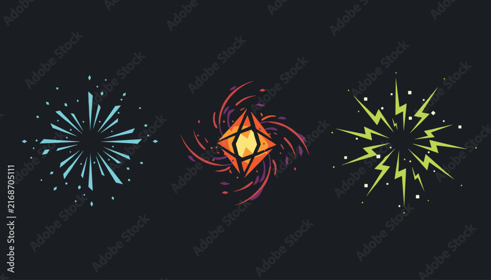 Fototapeta premium Three different abstract glowing energy explosion symbols are illustrated against a dark black background.