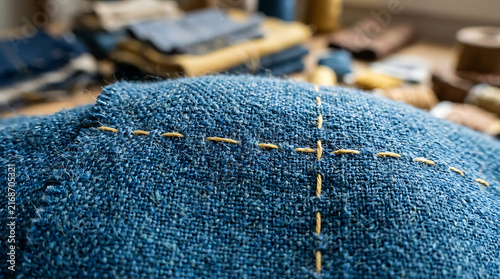 Close-up textured blue fabric with visible yellow stitching and woven pattern detail